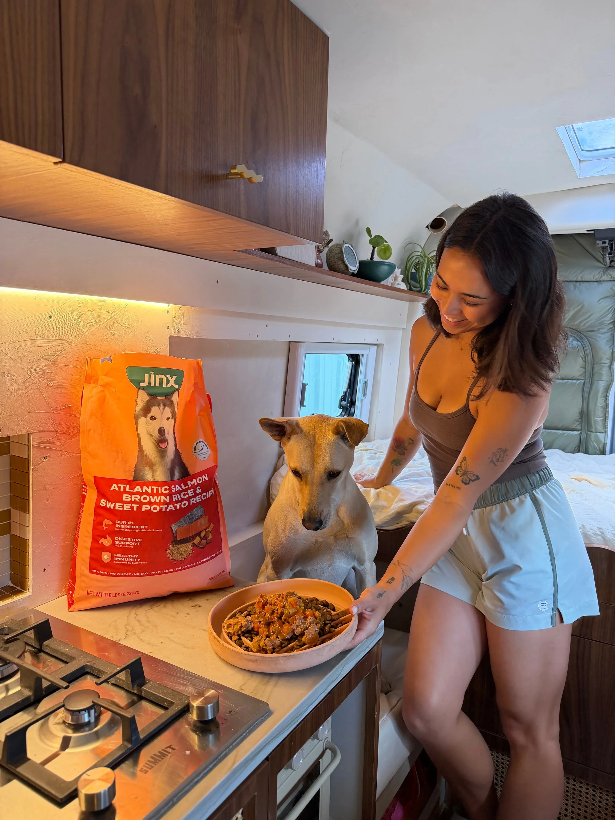 A woman in a kitchen feeds her dog from a bowl, with a bag of Jinx on the counter