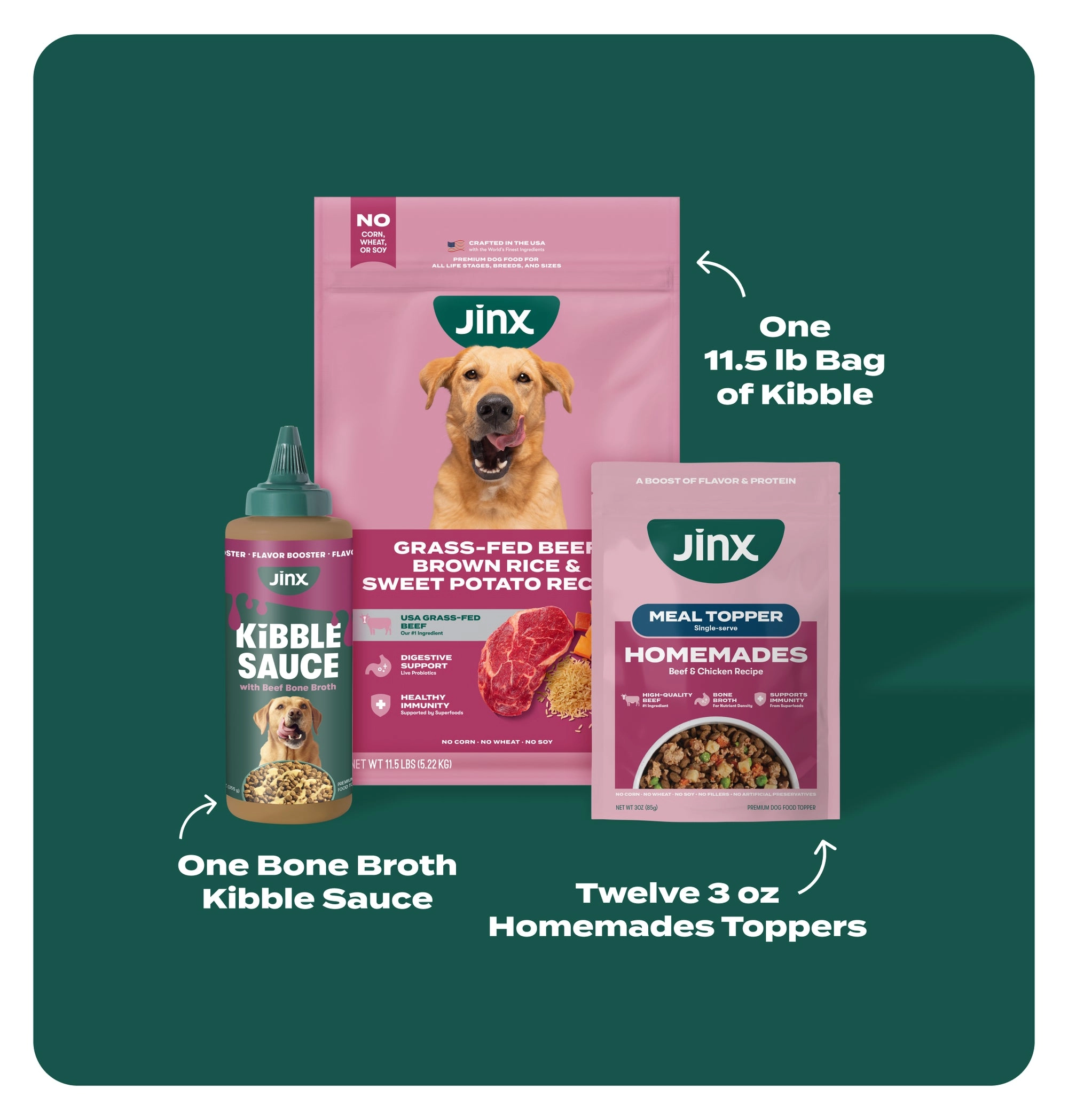 Diagram of one kibble bag, one bone broth kibble sauce and twelve homemade toppers on a green background