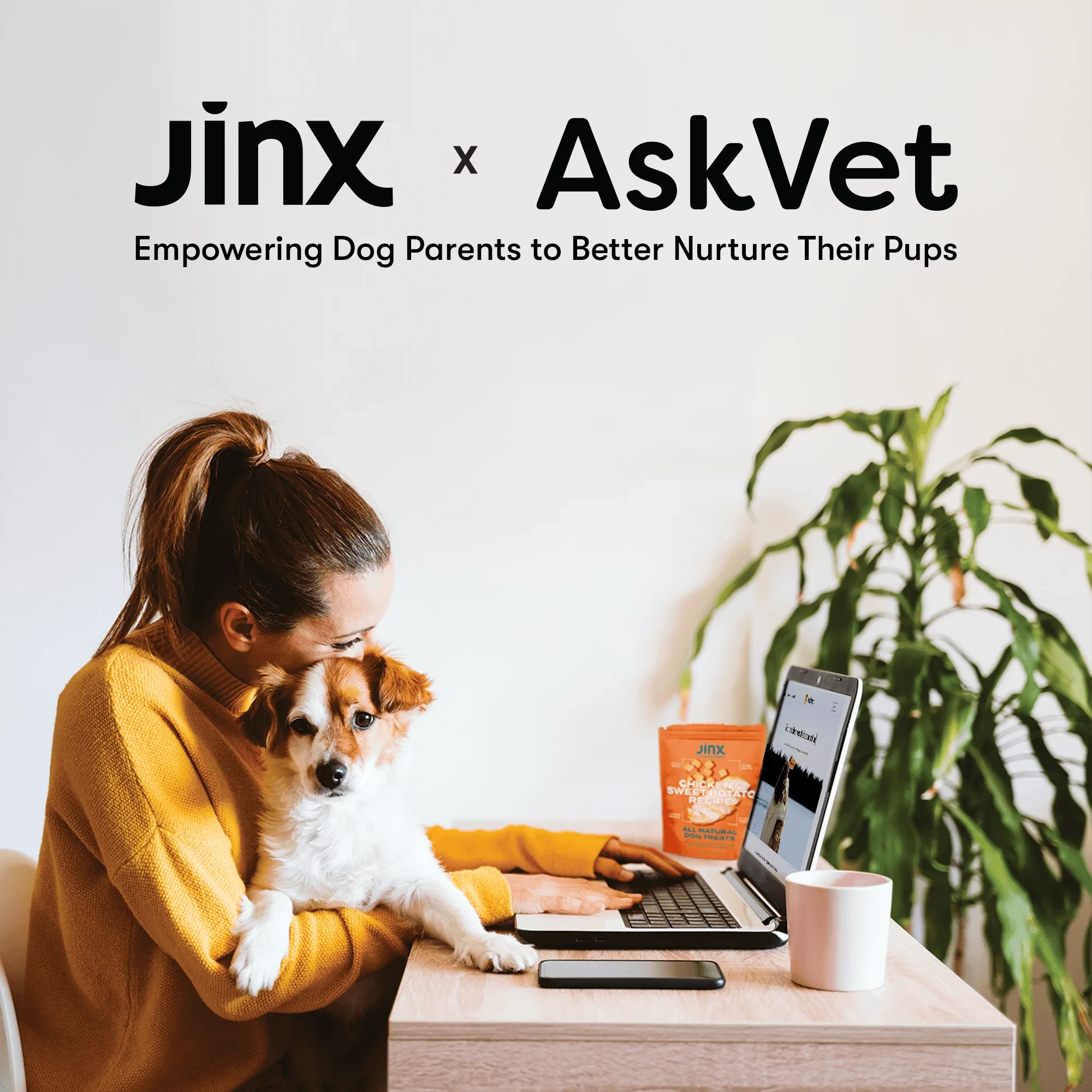 Jinx and AskVet logos above a woman and her dog at a laptop