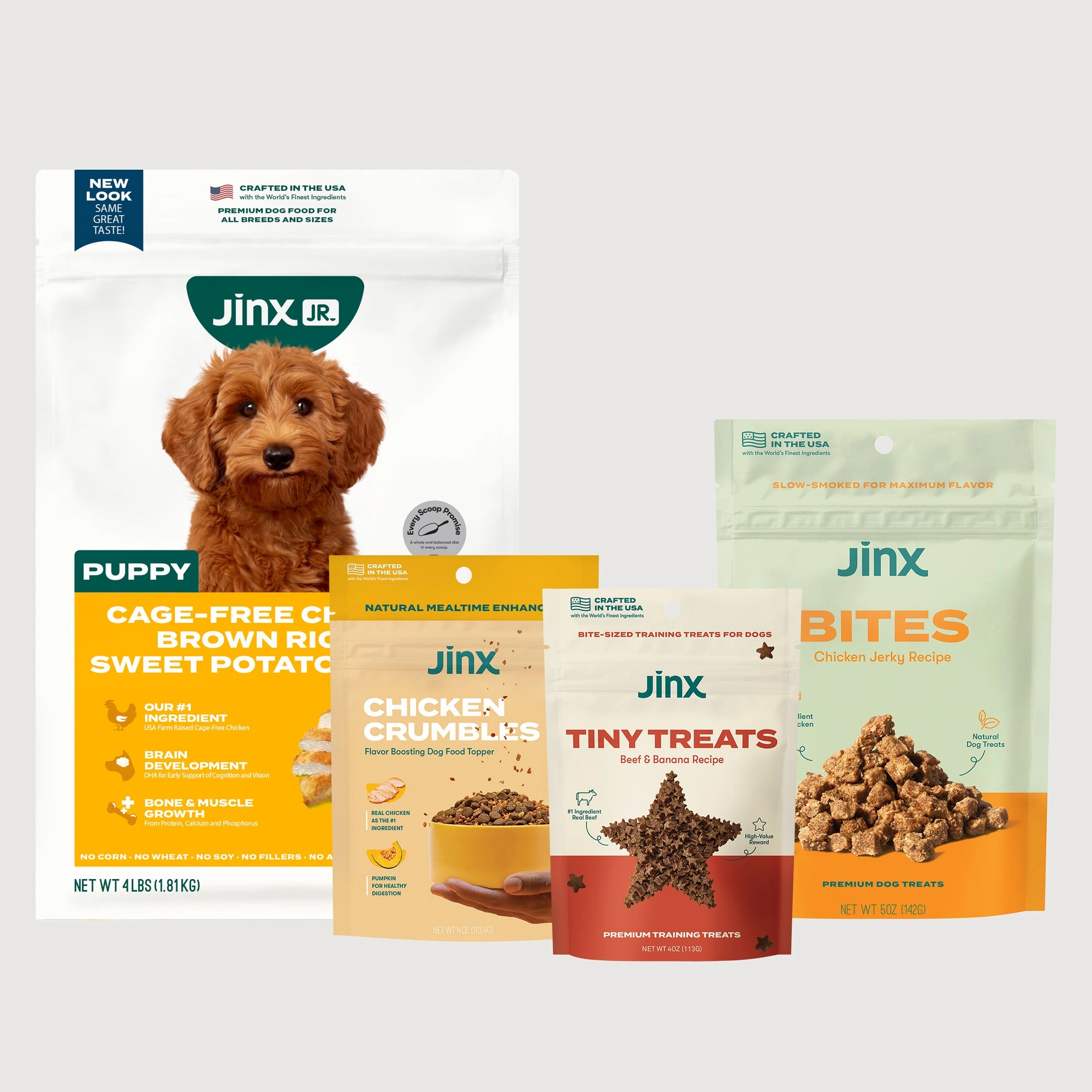 Jinx puppy kibble and tiny treats pouches in a row