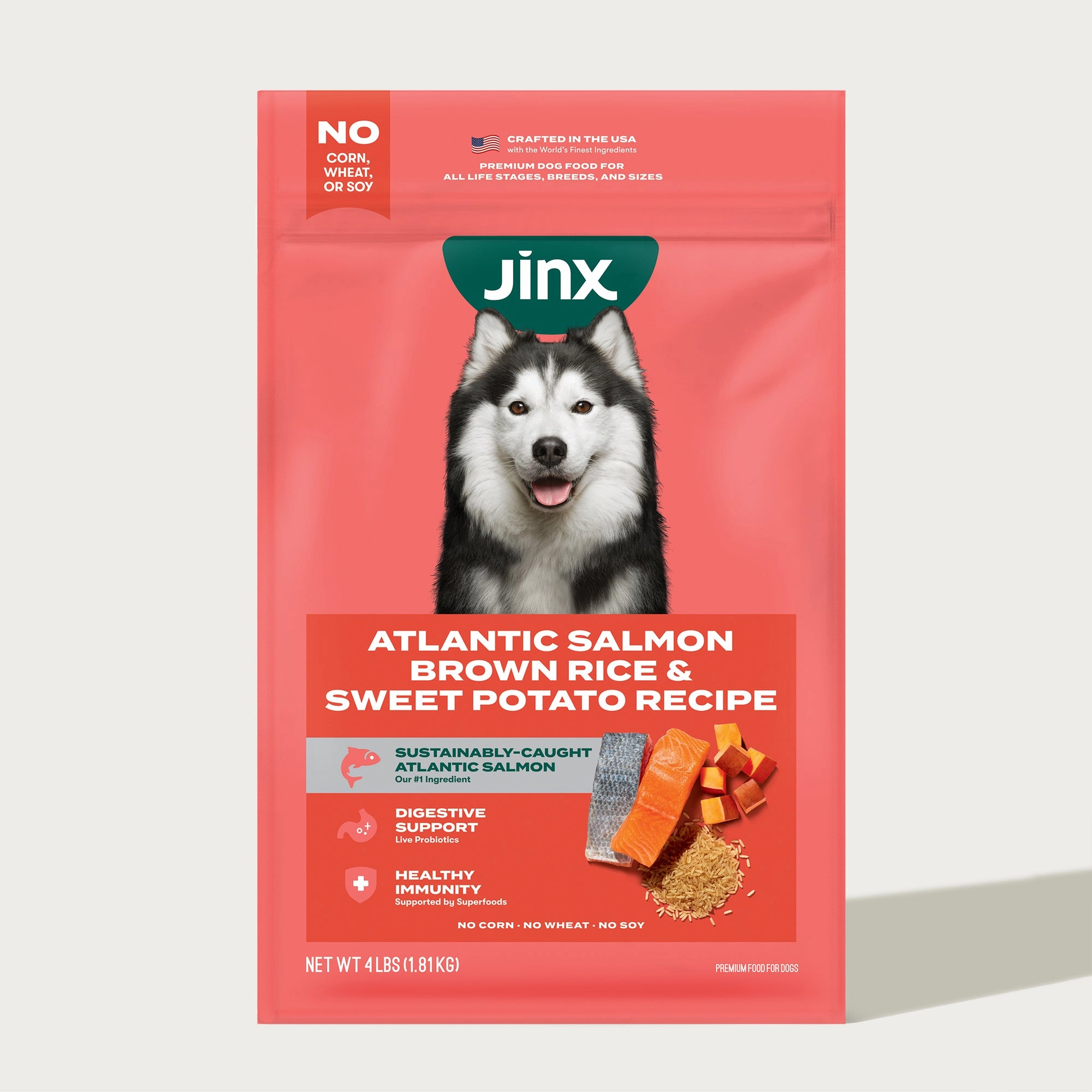 Atlantic Salmon, Brown Rice and Sweet Potato dog food bag with a husky on it